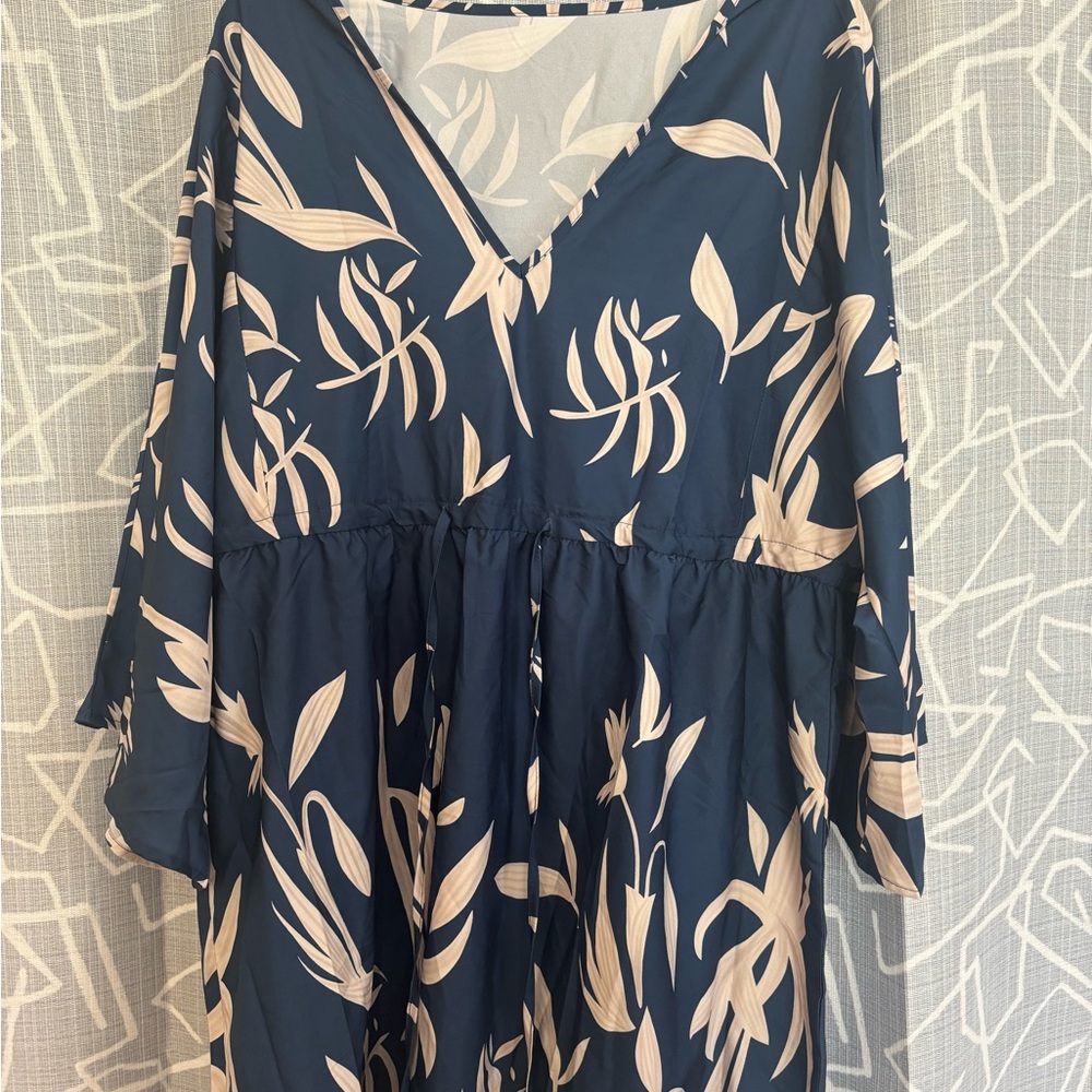Navy and Ivory Tropical Leaf Print Swim Cover-Up